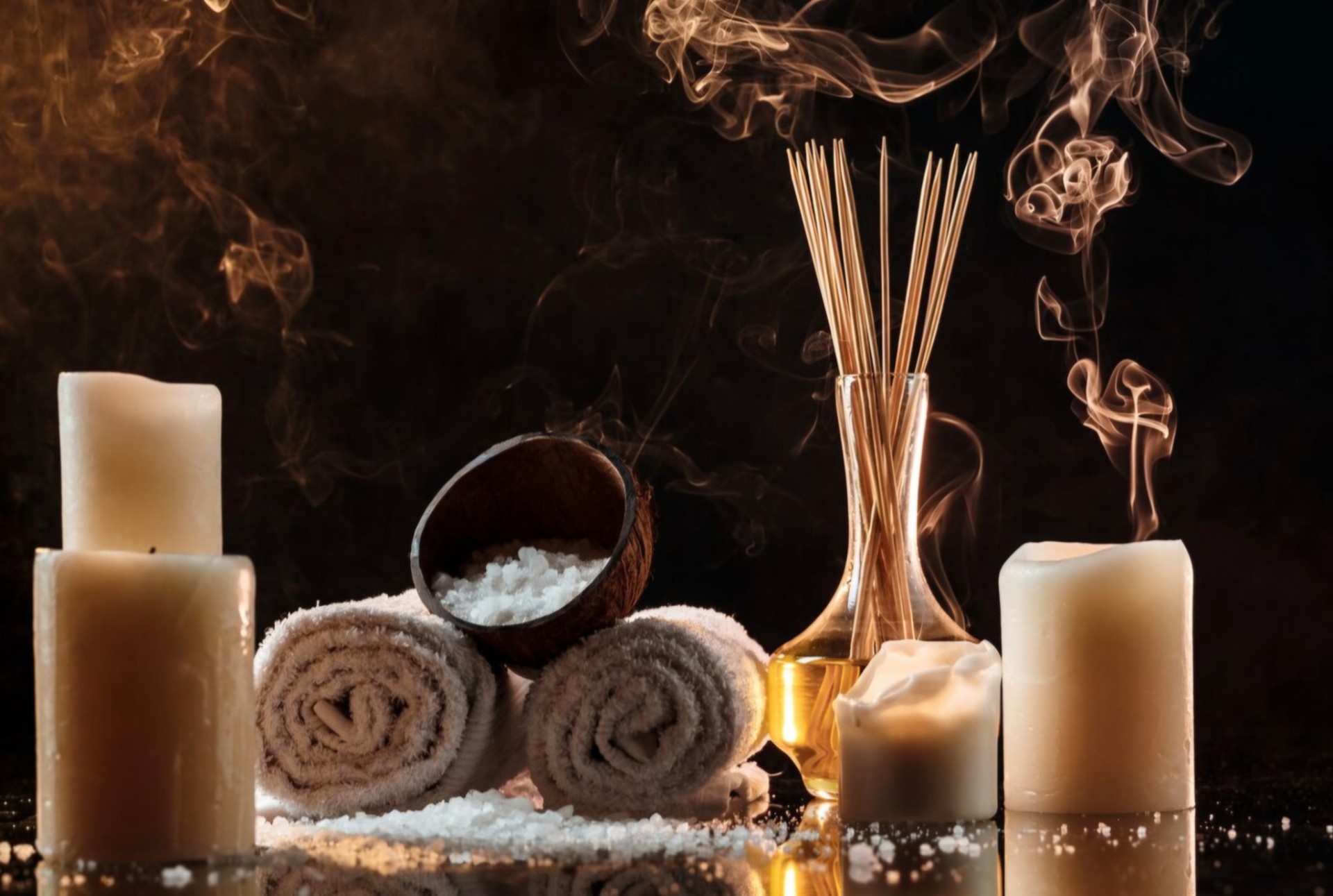 Bougie, lavande et serviettes pour un massage bien-être